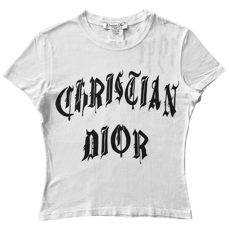Christian Dior white with black print short sleeve tee by John Galliano for Dior, summer 2002 with front gothic printed Christian Dior logo and 1947 on back upper shoulder. Made in Italy 