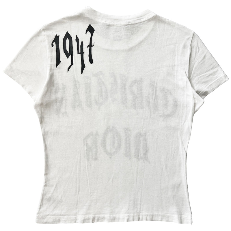 Christian Dior white with black print short sleeve tee by John Galliano for Dior, summer 2002 with front gothic printed Christian Dior logo and 1947 on back upper shoulder. Made in Italy 
