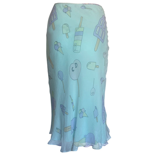 Christian Dior teal blue silk chiffon skirt John Galliano for Dior, spring 2002 with all over pink, yellow, purple printed ice cream and CD logo treats. Tiny covered button and loop side closure. Made in France 