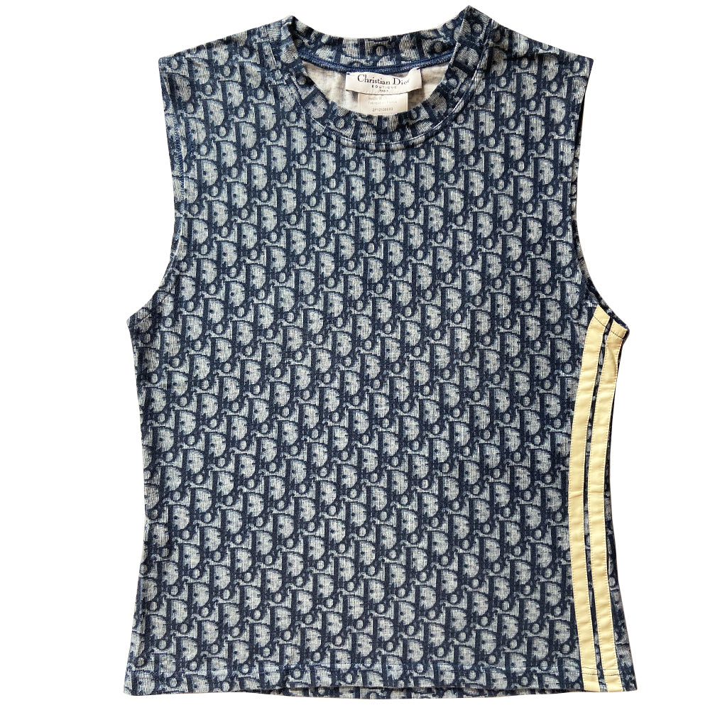 Christian Dior navy monogram tank by John Galliano for Christian Dior, spring 2002  with 2 white side stripes. Made in France 