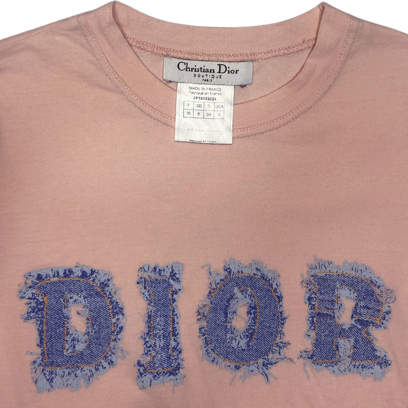 Christian Dior short sleeve blush pink tee by John Galliano for Dior, spring 2003 with ribbed crew neck and trompe l’oeil frayed faded denim DIOR logo letters. Made in France 