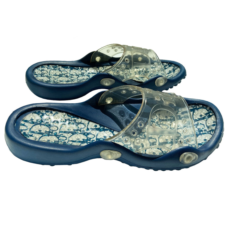 Christian Dior navy blue and white monogram jelly pool slides from John Galliano early 2000’s era. Clear upper with Dior logo embossing and perforated air holes. Monogram insole with clear nubby overlay for added comfort. Rubber bottom sole with grippy nubs and Dior logo imprint. Made in Italy 