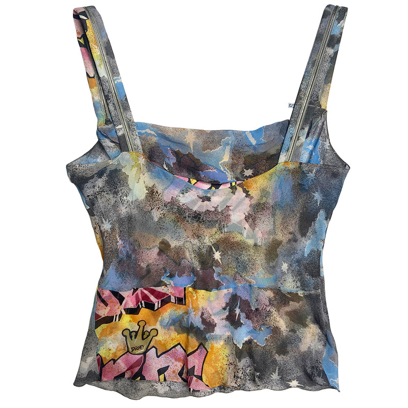 Christian Dior Kaos bright multicolor fitted graffiti top by John Galliano for Dior, spring 2004 with Dior Kaos graffiti and watercolor design. Draped in front with low back and straps, functioning silver-tone zipper strap detail with Dior engraved padlock zipper pulls. Color: Pink, orange, blue, black. Made in Italy 