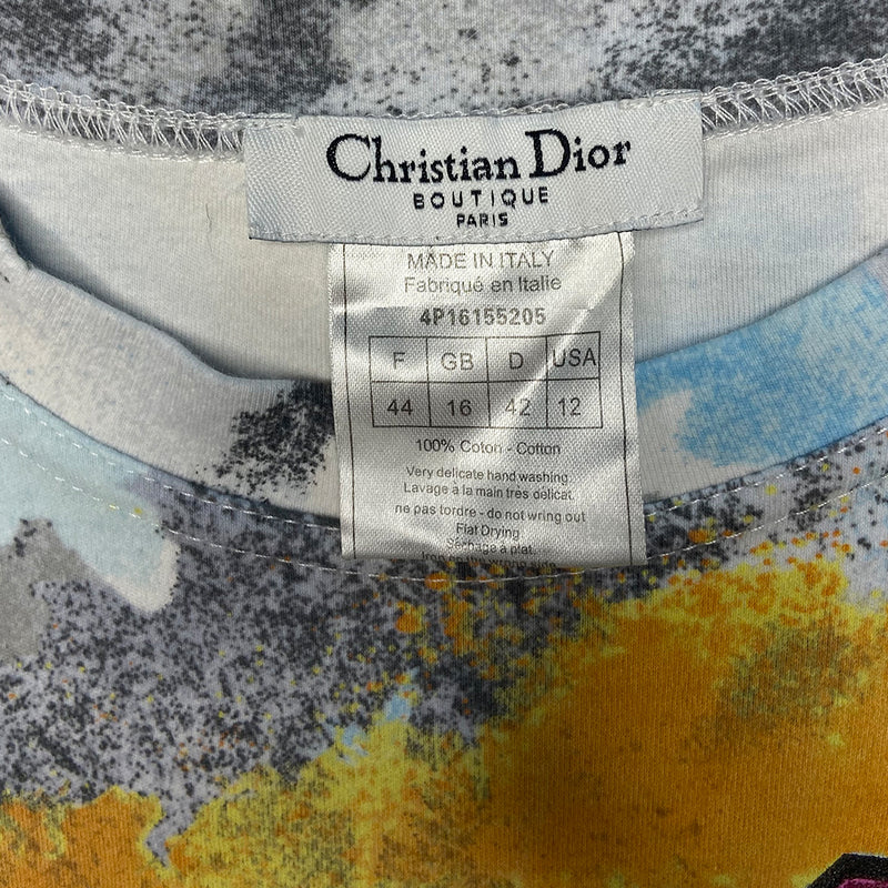 Christian Dior Kaos short sleeve crew neck tee by John Galliano for Dior, spring 2004 with pink, orange blue, black graffiti in front and watercolor design with stars in back. Made in Italy 