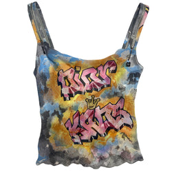 Christian Dior Kaos bright multicolor fitted graffiti top by John Galliano for Dior, spring 2004 with Dior Kaos graffiti and watercolor design. Draped in front with low back and straps, functioning silver-tone zipper strap detail with Dior engraved padlock zipper pulls. Color: Pink, orange, blue, black. Made in Italy 