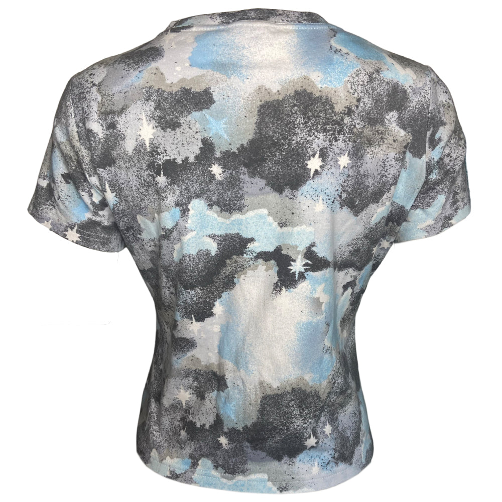 Christian Dior Kaos short sleeve crew neck tee by John Galliano for Dior, spring 2004 with pink, orange blue, black graffiti in front and watercolor design with stars in back. Made in Italy 