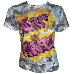 Christian Dior Kaos short sleeve crew neck tee by John Galliano for Dior, spring 2004 with pink, orange blue, black graffiti in front and watercolor design with stars in back. Made in Italy 