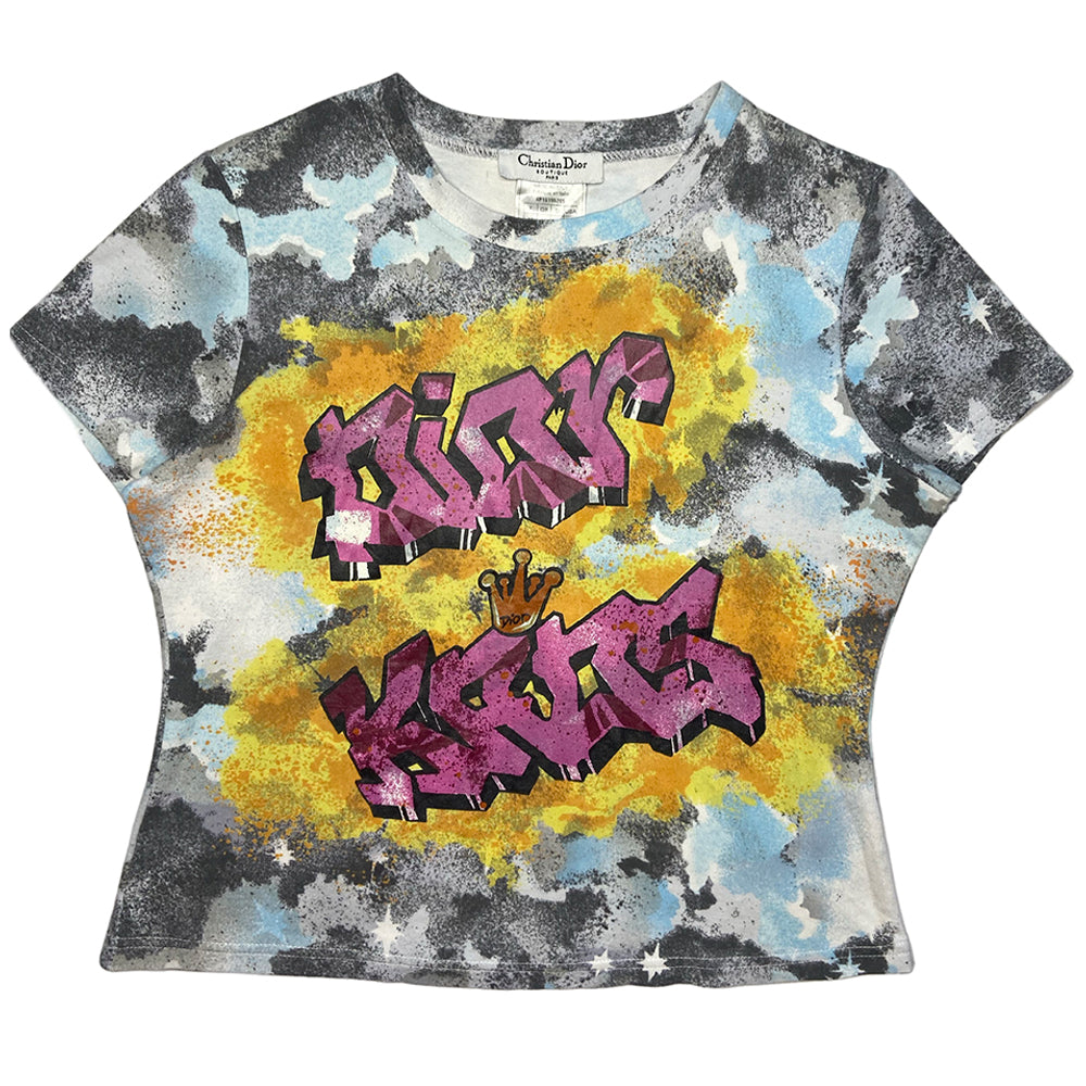 Christian Dior Kaos short sleeve crew neck tee by John Galliano for Dior, spring 2004 with pink, orange blue, black graffiti in front and watercolor design with stars in back. Made in Italy 