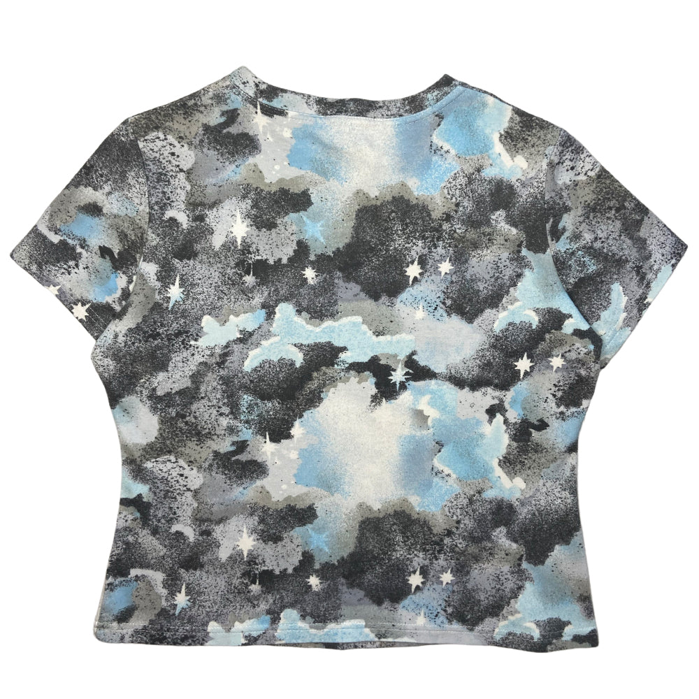 Christian Dior Kaos short sleeve crew neck tee by John Galliano for Dior, spring 2004 with pink, orange blue, black graffiti in front and watercolor design with stars in back. Made in Italy 