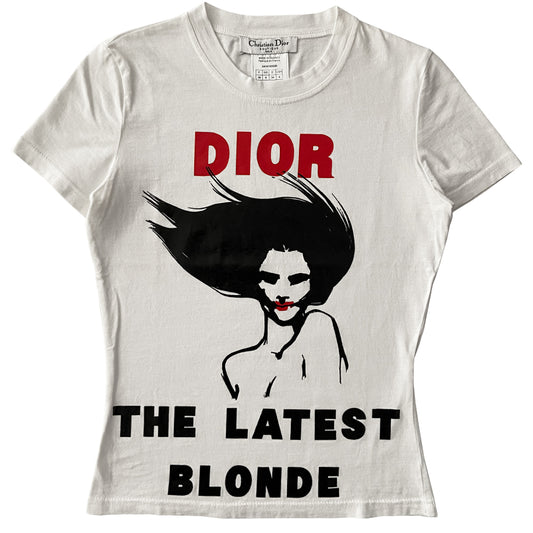 Christian Dior The Latest Blonde short sleeve tee in white by John Galliano for Christian Dior, Autumn 2003 with DIOR printed in bold red, female figure with red lips and THE LATEST BLONDE in bold print underneath. Made in France 