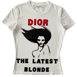 Christian Dior The Latest Blonde short sleeve tee in white by John Galliano for Christian Dior, Autumn 2003 with DIOR printed in bold red, female figure with red lips and THE LATEST BLONDE in bold print underneath. Made in France 