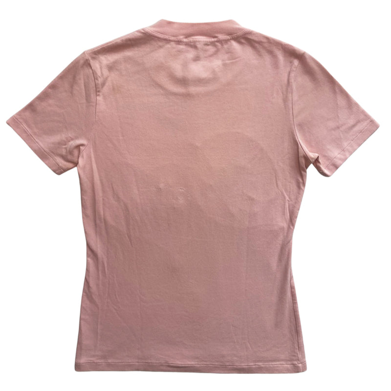 John Galliano for Dior, summer 2003 pink crew neck short sleeve tee with tonal embroidered cursive Dior spelled out, embroidered heart, sequins and crystal beading overlay that spell out Diorling. Made in France 