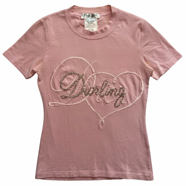 John Galliano for Dior, summer 2003 pink crew neck short sleeve tee with tonal embroidered cursive Dior spelled out, embroidered heart, sequins and crystal beading overlay that spell out Diorling. Made in France 