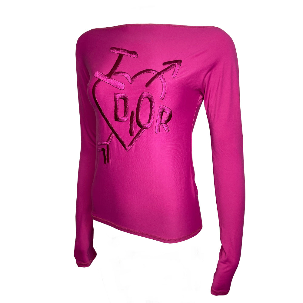 Christian Dior long sleeve fuchsia boat neck tee by John Galliano for Dior, 2000 with thick embroidered I heart Dior and arrow in front. Made in France