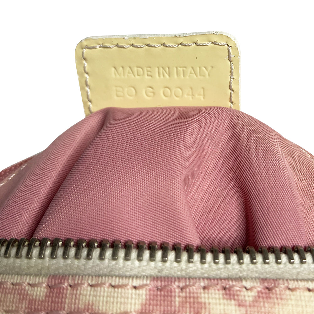 Christian Dior pink monogram mini boston by John Galliano for Dior, 2004 Pink monogram canvas with leather piping patent leather accent, rolled handles attached with silver-tone metal logo D. Pink textile interior with one zip pocket and one snap pocket, silver zipper and hardware. Included: Lock and key. Made in Italy 
