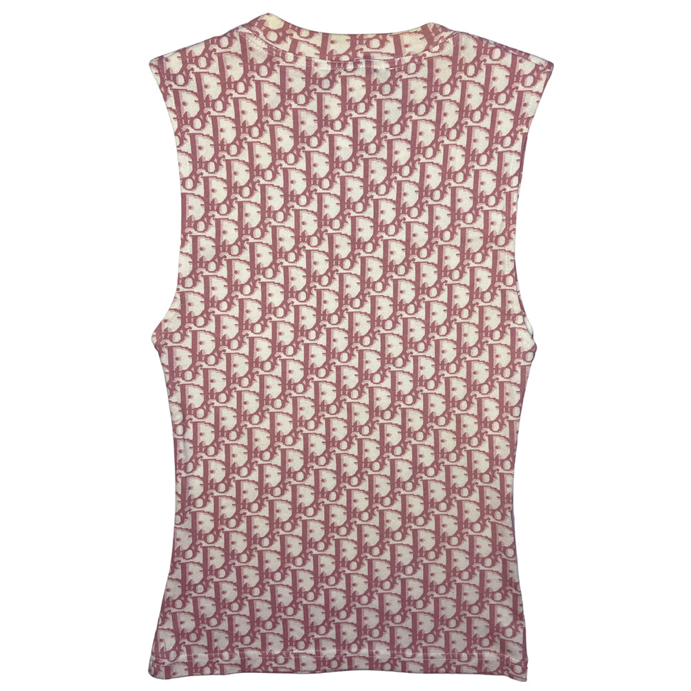Christian Dior pink monogram sleeveless tee by John Galliano for Dior, spring 2004 with 2 off white front stripes that run across above the chest line with adjustable drawstring toggle ended cord running though. Made in France 