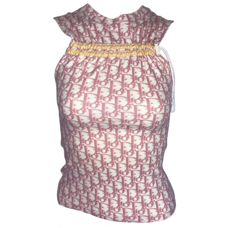 Christian Dior pink monogram sleeveless tee by John Galliano for Dior, spring 2004 with 2 off white front stripes that run across above the chest line with adjustable drawstring toggle ended cord running though. Made in France 