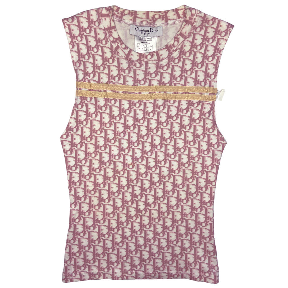 Christian Dior pink monogram sleeveless tee by John Galliano for Dior, spring 2004 with 2 off white front stripes that run across above the chest line with adjustable drawstring toggle ended cord running though. Made in France 