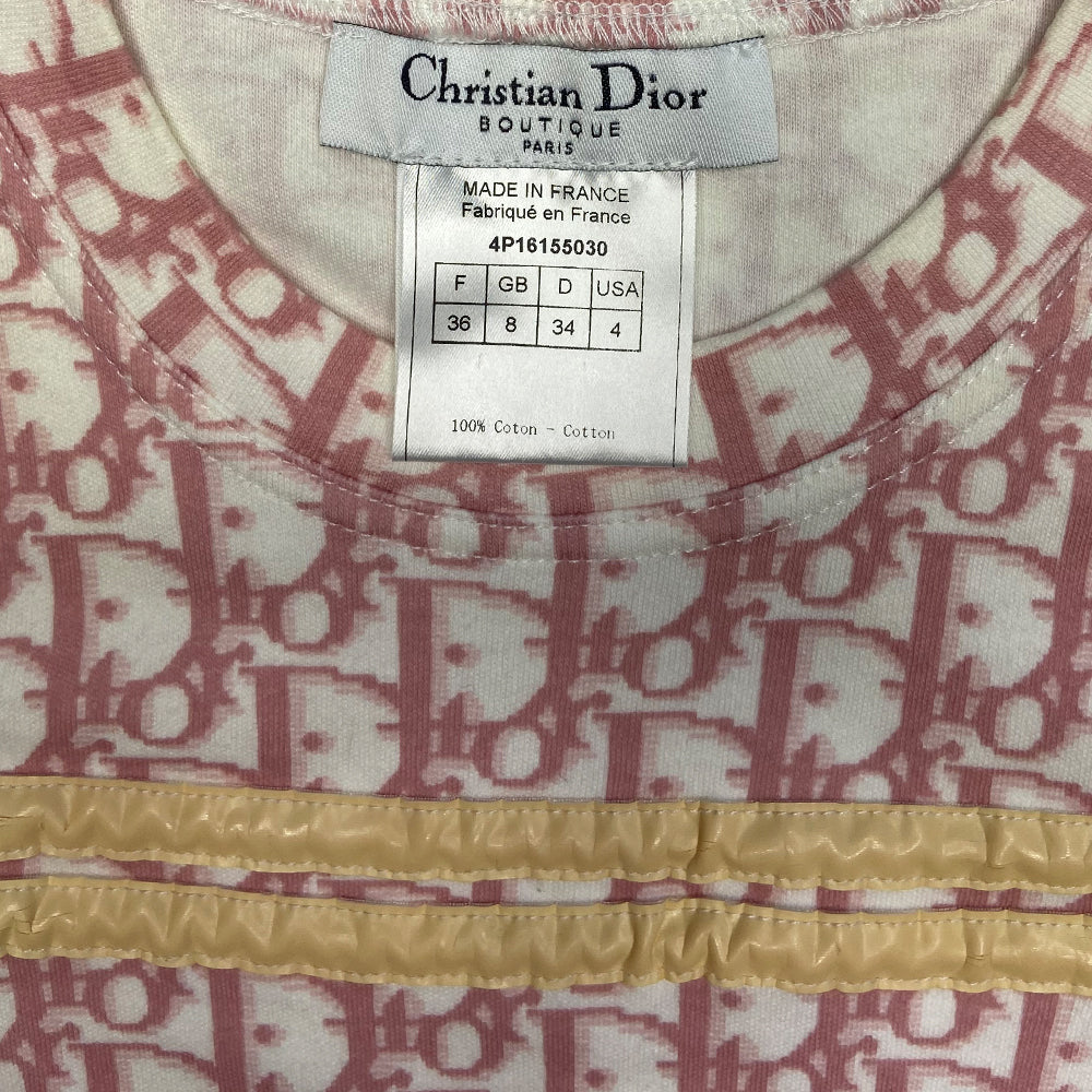 Christian Dior pink monogram sleeveless tee by John Galliano for Dior, spring 2004 with 2 off white front stripes that run across above the chest line with adjustable drawstring toggle ended cord running though. Made in France 