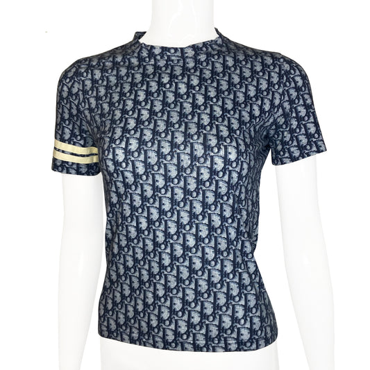 Christian Dior navy monogram short sleeve tee, Spring 2002 by John Galliano for Dior  Diorissimo print with 2 off white appliqué accent bands at one sleeve, Made in France 