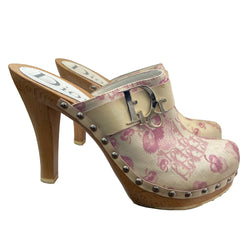 Christian Dior pink cherry blossom monogram platform wood sole clogs by John Galliano for Dior, spring 2003. Diorissimo cherry blossom canvas upper, patent leather accent strap with attached silver-tone Dior logo, silver-tone side studs. Made in Italy 