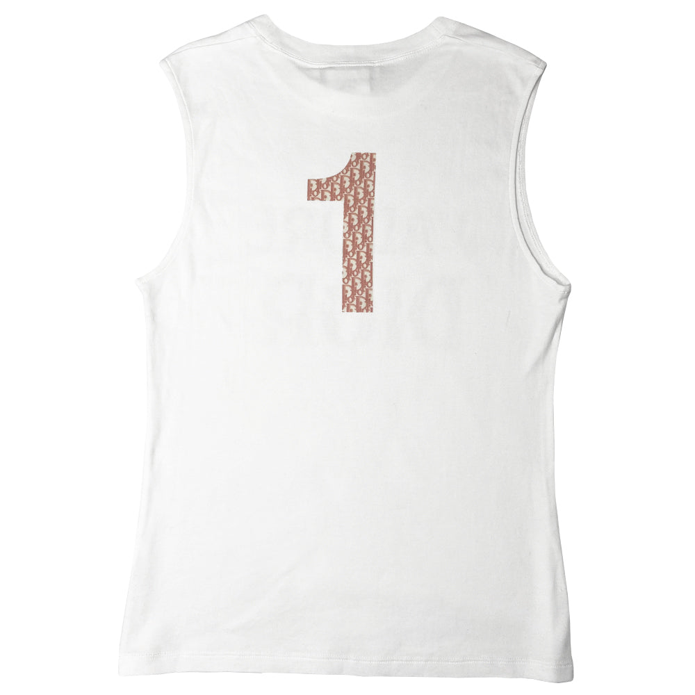 Christian Dior J’Adore Dior white crew neck sleeveless tee by John Galliano for Dior, spring 2004 with front J’Adore Dior pink monogram print and No 1 in back. Fabric: 100% Cotton. Made in France 