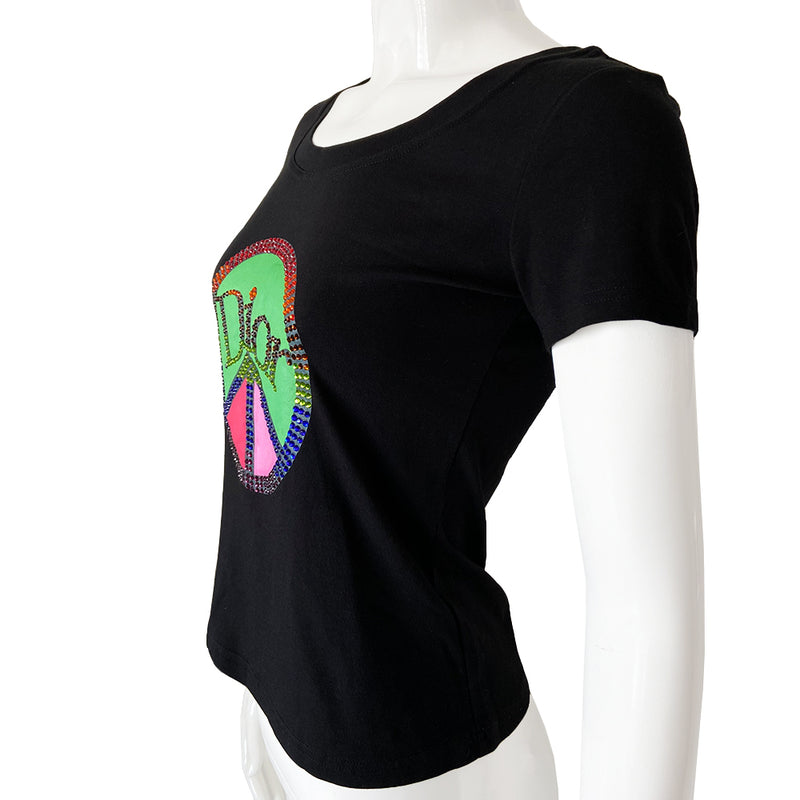 Christian Dior crystal peace sign tee from 2005 John Galliano for Dior. Short sleeves with rounded neckline, crystal embellished peace sign with crystal Dior logo at front center. Size: FR 42 Color: Main color: Black Good, consistent with age. Made in Italy