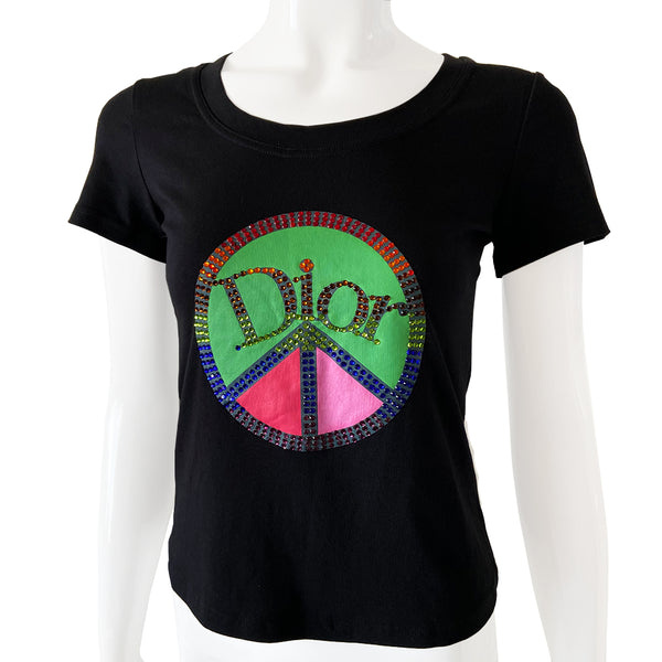 Christian Dior crystal peace sign tee from 2005 John Galliano for Dior. Short sleeves with rounded neckline, crystal embellished peace sign with crystal Dior logo at front center. Size: FR 42 Color: Main color: Black Good, consistent with age. Made in Italy