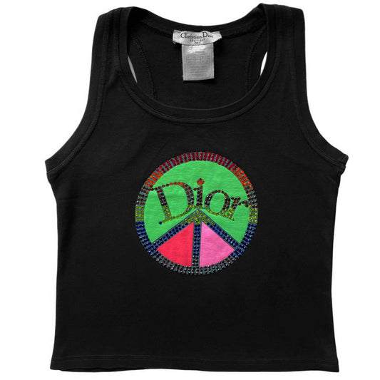 Christian Dior black Peace Tank, spring 2005 by John Galliano for Dior with crystal embellished multicolor peace sign featuring Dior logo at front center. Made in Italy 