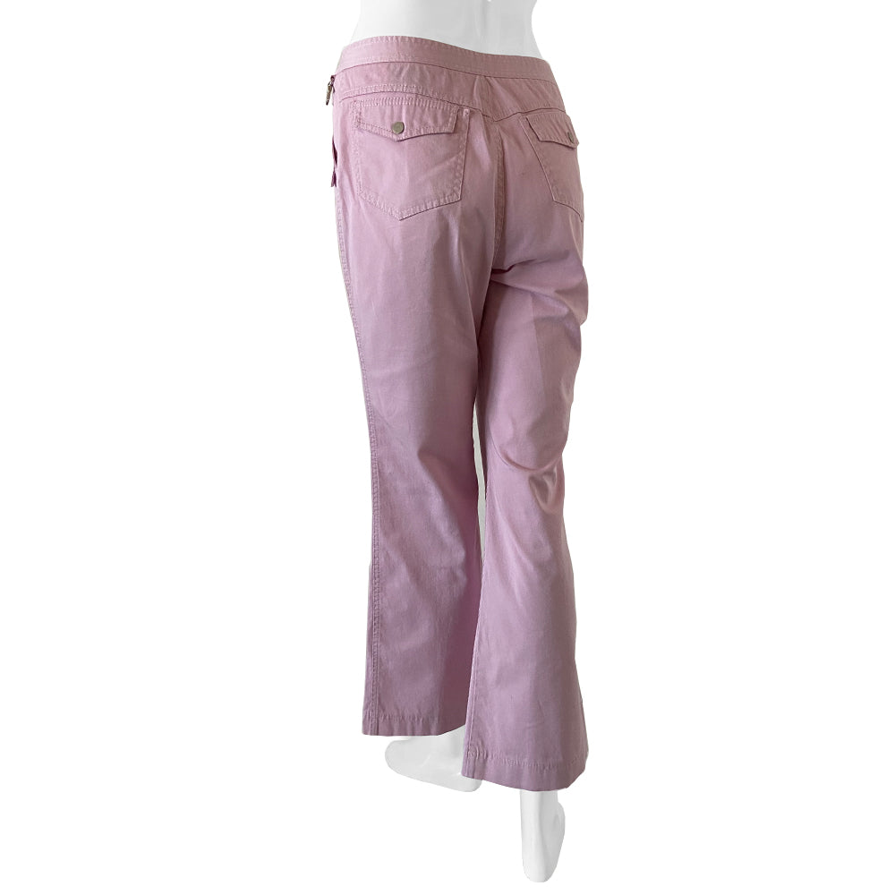 Christian Dior Pink Cargo Pants,  High waist with flared leg and 4 pocket cargo style trousers. Cargo style pockets in front and back Silver-tone metal engraved Christian Dior CD buttons Front zip closure with single button Silver-tone engraved metal clip at front waistband. Made in Italy