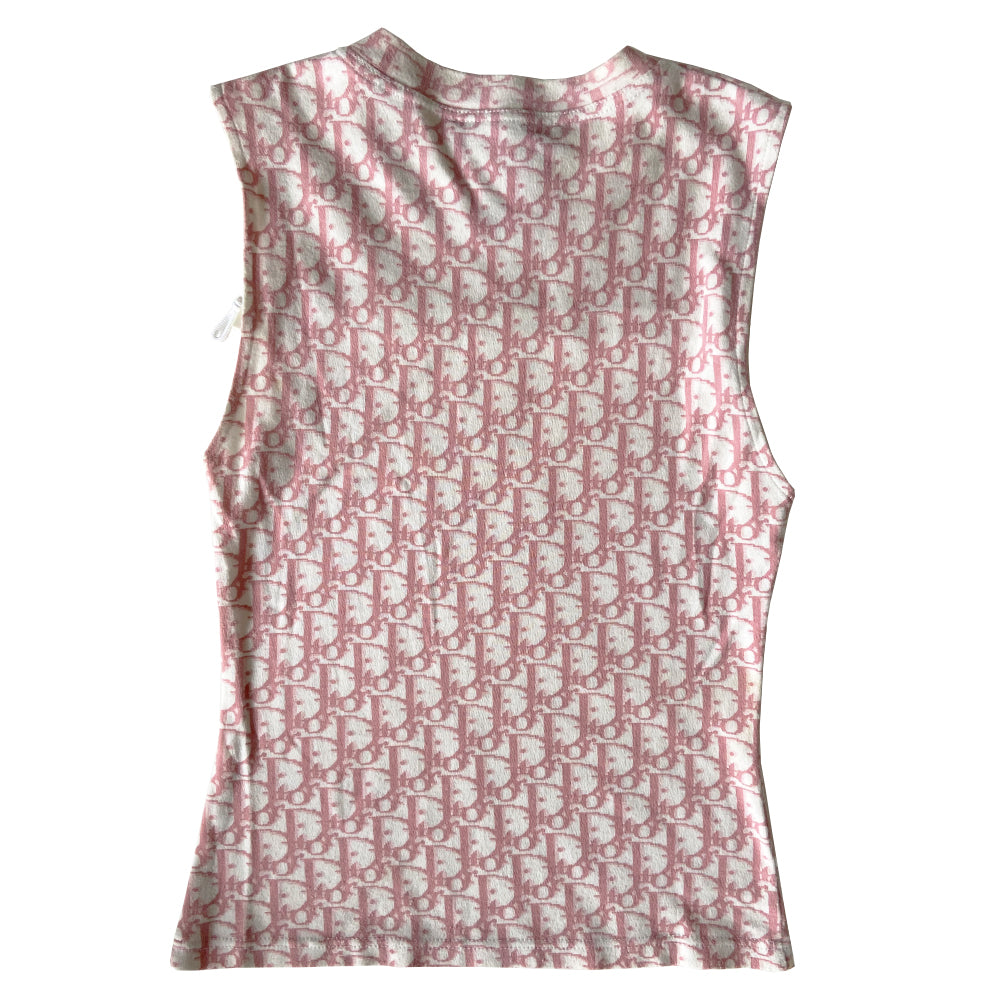 Christian Dior Pink Diorissimo monogram sleeveless tee by John Galliano for Dior, spring 2004. 2 white front stripes that run across above the chest line with adjustable cording running with toggle end. Made in France 