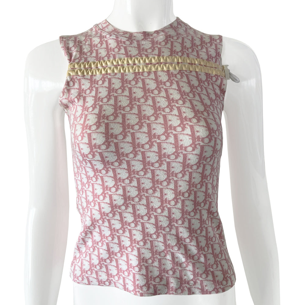 Christian Dior Pink Diorissimo monogram sleeveless tee by John Galliano for Dior, spring 2004. 2 white front stripes that run across above the chest line with adjustable cording running with toggle end. Made in France 