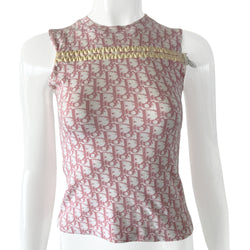 Christian Dior Pink Diorissimo monogram sleeveless tee by John Galliano for Dior, spring 2004. 2 white front stripes that run across above the chest line with adjustable cording running with toggle end. Made in France 
