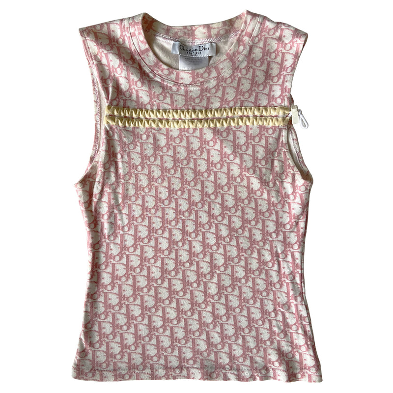 Christian Dior Pink Diorissimo monogram sleeveless tee by John Galliano for Dior, spring 2004. 2 white front stripes that run across above the chest line with adjustable cording running with toggle end. Made in France 