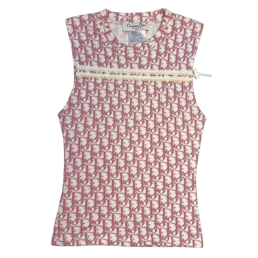 Christian Dior Diorissimo sleeveless tee by John Galliano for Dior, spring 2004 with 2 white front stripes that run across above the chest line with adjustable drawstring toggle ended cord running though. Made in France