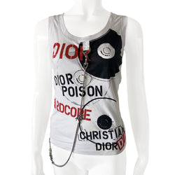 Christian Dior Hardcore Dior white tank with black and red by John Galliano for Dior, spring 2002. Banded neck and arm holes with Hardcore Dior, Poison and J’Adore Dior front and back, vertical zipper detail at one side. Silver tone detachable chain with logo star embellishment and clips at each end.  Made in France 