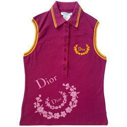 Christian Dior sleeveless fuchsia piqué fabric polo shirt John Galliano for Dior, autumn 2004 with embroidered Dior Logo and flowers at chest, printed white Dior logos and flowers at front body, fuchsia Dior logo buttons. Made in Italy