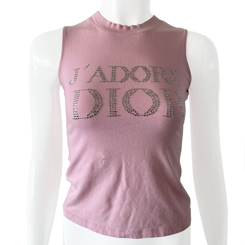 Christian Dior Crystal J’Adore Dior Pink 1947 Sleeveless Tee John Galliano for Christian Dior circa 2001 Sleeveless with crew neck with crystal lettering front and back J’Adore Dior in front with 1947 on back  Size: FR 38 Condition: Small repair in front as shown Made in France 