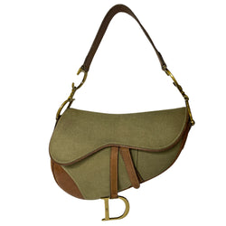 Christian Dior khaki canvas saddle bag by John Galliano for Dior 2002 with burnished gold-tone hardware, brown leather accent. Single flat top leather handle with CD logo adornments at each side. Velcro at flap closure with feature gold-tone D logo. Rear single slip pocket. Black/grey logo textile lined with zip pocket. Made in Italy 