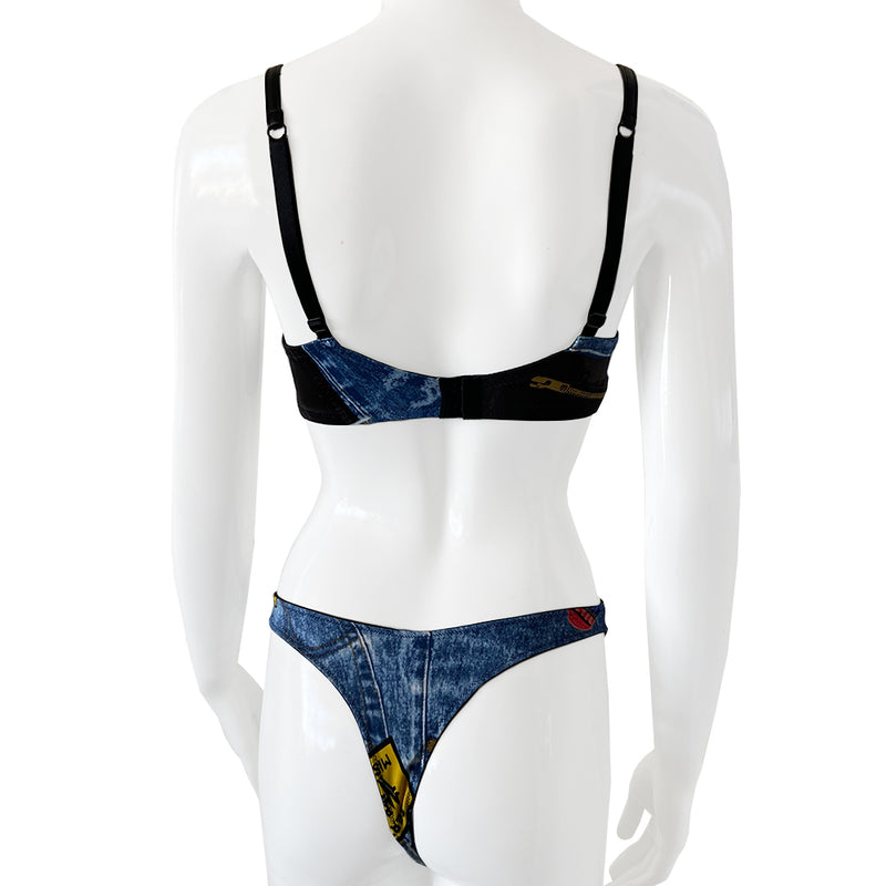 Christian Dior Trompe L’oeil 2 Piece Lingerie John Galliano FW 2001 for Dior New with tags, mid-rise cotton lined thong bottoms and lace embellished bra with adjustable leather straps, underwire, mesh lined. Main Color: Blue. Excellent condition, never worn. Made in France