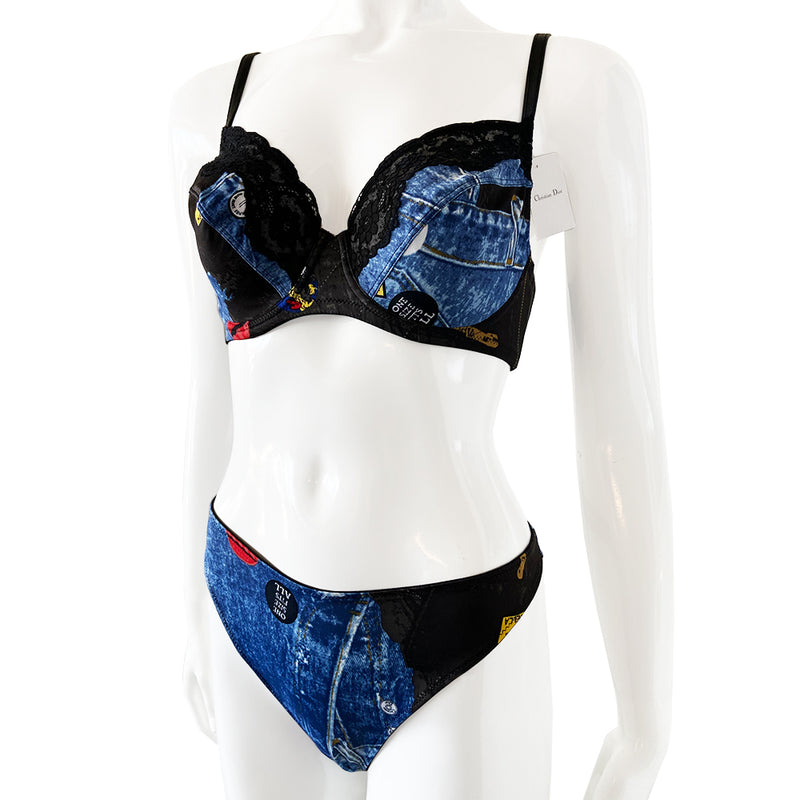 Christian Dior Trompe L’oeil 2 Piece Lingerie John Galliano FW 2001 for Dior New with tags, mid-rise cotton lined thong bottoms and lace embellished bra with adjustable leather straps, underwire, mesh lined. Main Color: Blue. Excellent condition, never worn. Made in France