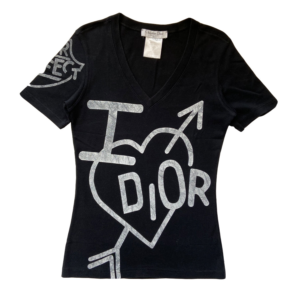 Christian Dior Hey Skool Girl short sleeved V neck tee by John Galliano for Dior, 2004. I Heart Dior with heart and arrow in front, Hey Skool Girl in back and Dior Prefect on one sleeve. Color: Black with white print. Made in Italy