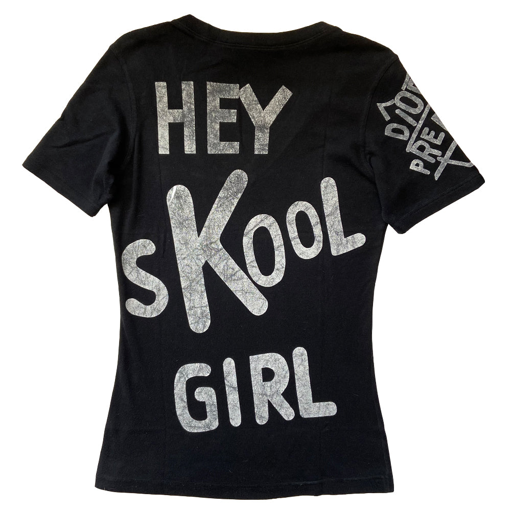 Christian Dior Hey Skool Girl short sleeved V neck tee by John Galliano for Dior, 2004. I Heart Dior with heart and arrow in front, Hey Skool Girl in back and Dior Prefect on one sleeve. Color: Black with white print. Made in Italy