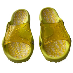 Christian Dior lime green and yellow monogram jelly pool slides, John Galliano era. Clear yellow upper with embossed Dior logo, perforated air holes, silver-tone Dior logo stud attachments at sides, monogram insole with clear nubby overlay for extra comfort. Rubber sole with grippy nubs and Dior logo imprint. Made in Italy 