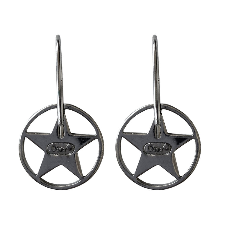 Christian Dior Silver Star Earrings Hook style silver-tone drop earrings featuring star with center Dior logo surrounded by a silver-tone circle. 