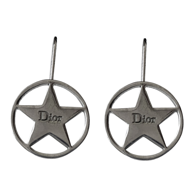 Christian Dior Silver Star Earrings Hook style silver-tone drop earrings featuring star with center Dior logo surrounded by a silver-tone circle. 