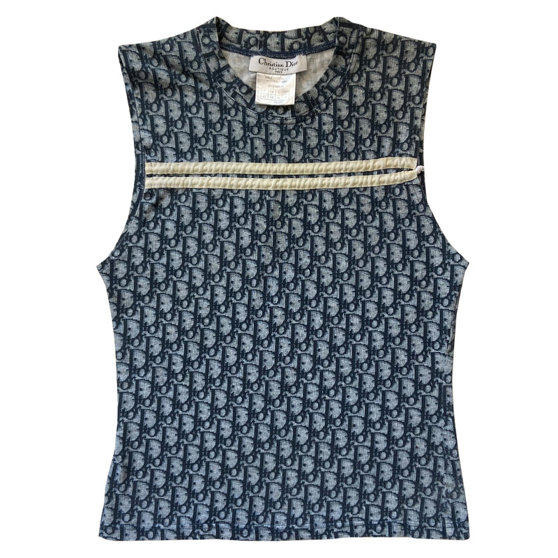 Christian Dior navy monogram sleeveless tee by John Galliano for Christian Dior, spring 2002.  2 white horizontal stripes that run above the chest line with adjustable cinch cord running though. Made in France 