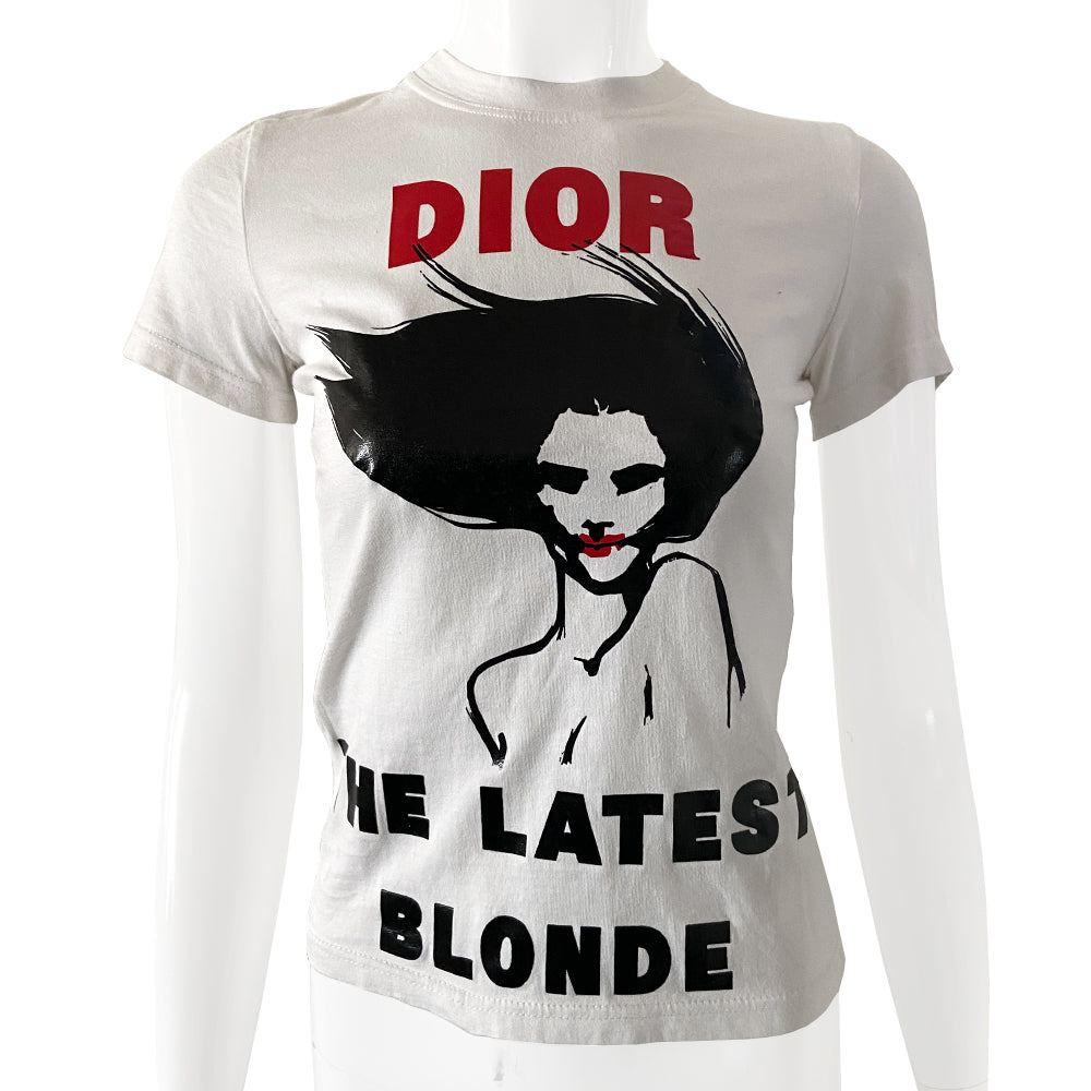 Christian Dior The Latest Blonde short sleeve tee in white by John Galliano for Christian Dior, Autumn 2003 with DIOR printed in bold red, female figure with red lips and THE LATEST BLONDE in bold print underneath. Made in France 