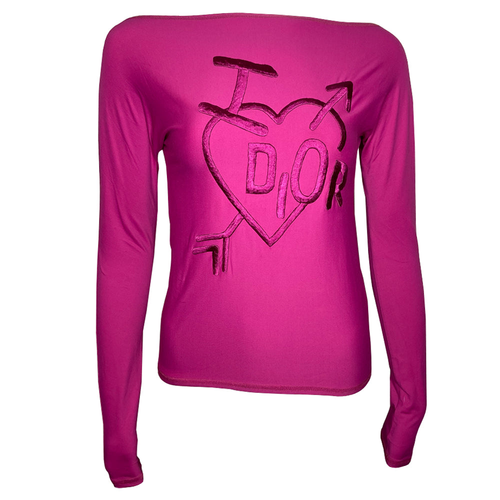 Christian Dior long sleeve fuchsia boat neck tee by John Galliano for Dior, 2000 with thick embroidered I heart Dior and arrow in front. Made in France