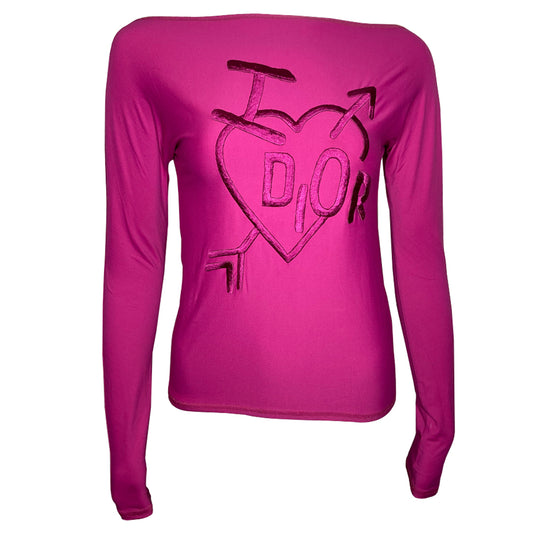 Christian Dior long sleeve fuchsia boat neck tee by John Galliano for Dior, 2000 with thick embroidered I heart Dior and arrow in front. Made in France